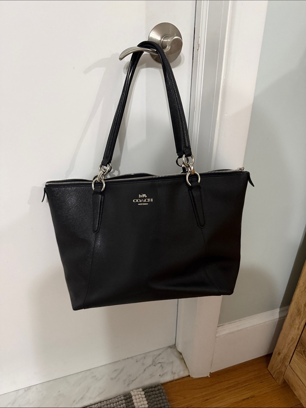 Coach Black Leather Shoulder Tote with Silver Hardware
